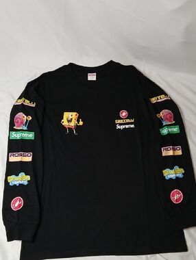 Supreme Black Long Sleeve Tee with SpongeBob & Colorful Sleeve Logos